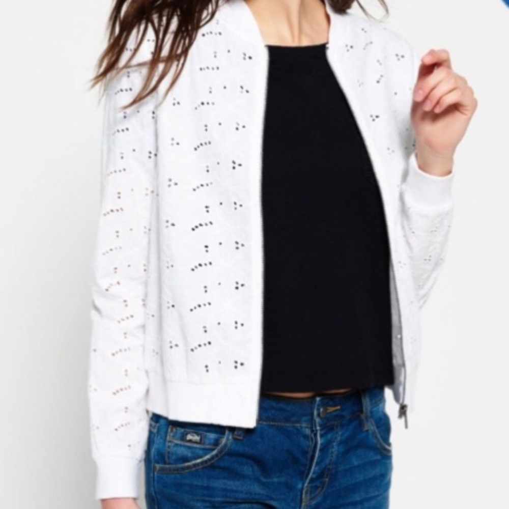 Superdry White Bomber Jacket with Eyelet Pattern